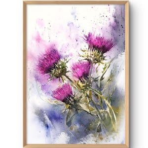 Scottish Thistle Art Print Scotland Wall Art Large Poster Scottish Watercolor Style Floral Wall Decor Wildflowers Wall Art