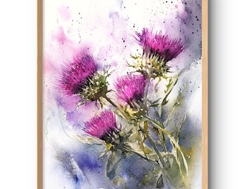 Scottish Thistle Art Print Scotland Wall Art Large Poster Scottish Watercolor Style Floral Wall Decor Wildflowers Wall Art