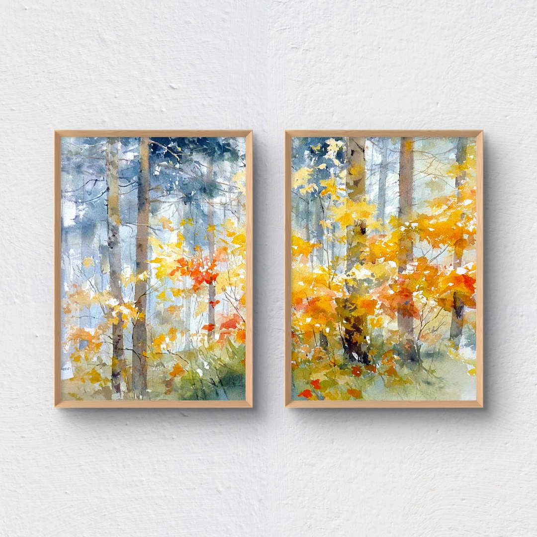 Autumn Forest Art Print Set of 2 Watercolor Style Fall Landscape Autumn ...