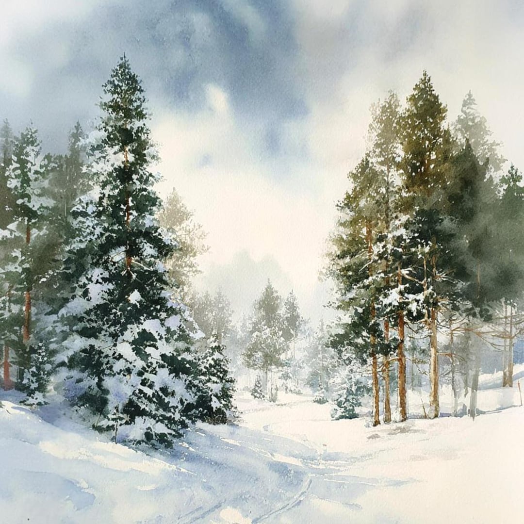 Winter Forest Print Snowy Landscape Watercolor Style Wall Art - Etsy