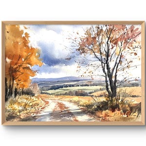Impresión artística de paisaje otoñal, decoración de pared de otoño, arte de pared de árboles otoñales, camino rural, bosque otoñal, póster estilo acuarela, arte de pared de granja moderna