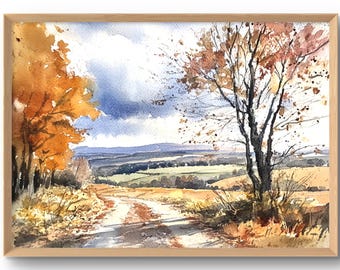 May include: A watercolor painting of a rural landscape with a dirt road leading through a field of golden brown grass. The road is lined with trees, some with orange and yellow leaves, and others with bare branches. The sky is a light blue with white clouds.
