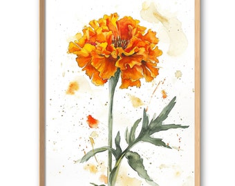 Marigold Painting Floral Wall Art Watercolor Print Marigold Wall Art Orange Flowers Large Poster Botanical Wall Decor