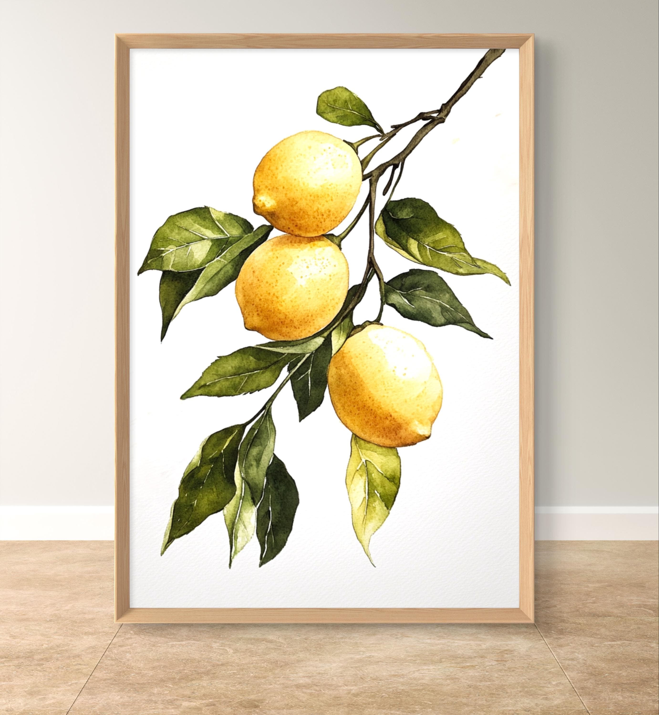 レモンアートプリント ボタニカル水彩画風ポスター 黄色い枝レモン
