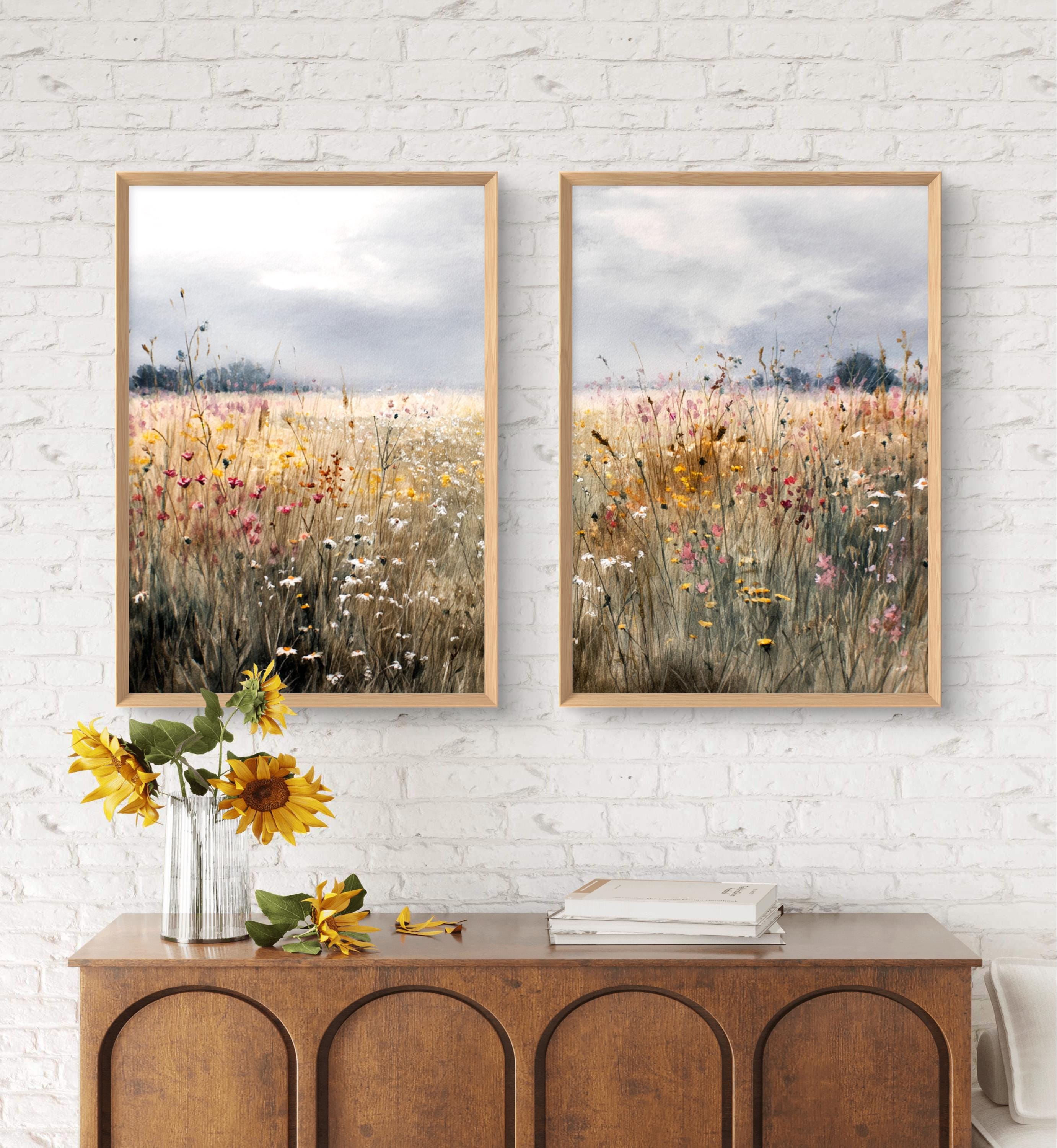 Wildflower Field Art Prints Set of 2 Wall Art Rustic Country Landscape ...