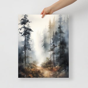 May include: A watercolor painting of a forest path leading into a misty, blue-toned forest. The trees are tall and slender, with dark green foliage. The path is light brown and winds through the trees.