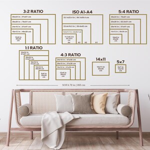 May include: A wall display showing various print sizes and aspect ratios, including 3:2, ISO A1-A4, 5:4, 1:1, 4:3, 14x11, and 5x7. The sizes are listed in inches and centimeters. A sofa with pillows and a blanket is in the foreground.