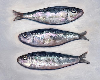 Sardine Kunstdruck Küsten Küche Stillleben Fische Wandkunst vom Original Ölgemälde