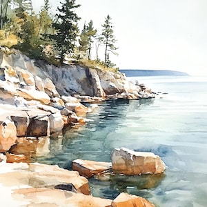 Pintura del lago Superior, costa rocosa, impresión artística, acuarela, pinos, arte de pared, paisaje de los Grandes Lagos, póster de Michigan