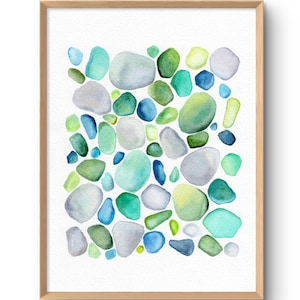Pintura de vidrio marino, arte abstracto de acuarela, impresión de arte de pared azul y verde, arte de piedras, decoración de casa de playa, póster costero de pintura original