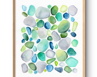 Pintura abstracta de vidrio marino con acuarela, arte mural azul y verde, piedras, decoración de casa de playa, póster costero de obra de arte original.