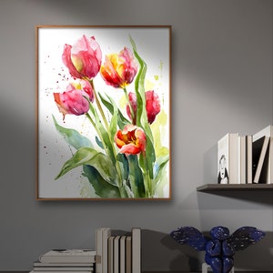 Röda tulpaner konsttryck blommig väggkonst tulpandekor akvarell stil röda blommor stor väggkonst vårblommor poster botanisk väggdekor bild 6