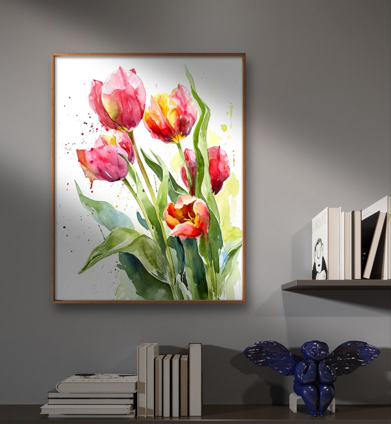 Röda tulpaner konsttryck blommig väggkonst tulpandekor akvarell stil röda blommor stor väggkonst vårblommor poster botanisk väggdekor bild 6