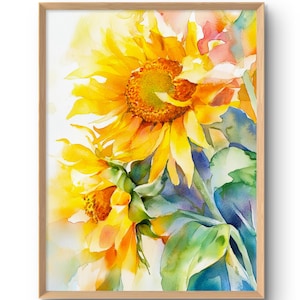 Stampa artistica di girasole Decorazione murale floreale Stampe artistiche da parete vivaci Girasoli Pittura Fiori ad acquerello Arte Decorazione da giardino Poster giallo