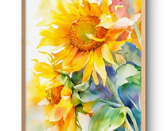 Impresión artística de girasoles, decoración de pared floral, impresiones artísticas de pared vibrantes, impresión de girasoles estilo acuarela, arte de flores, decoración de jardín, póster amarillo