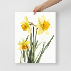 May include: A watercolor painting of three yellow daffodils with orange centers. The flowers are arranged in a bouquet with green stems and leaves.