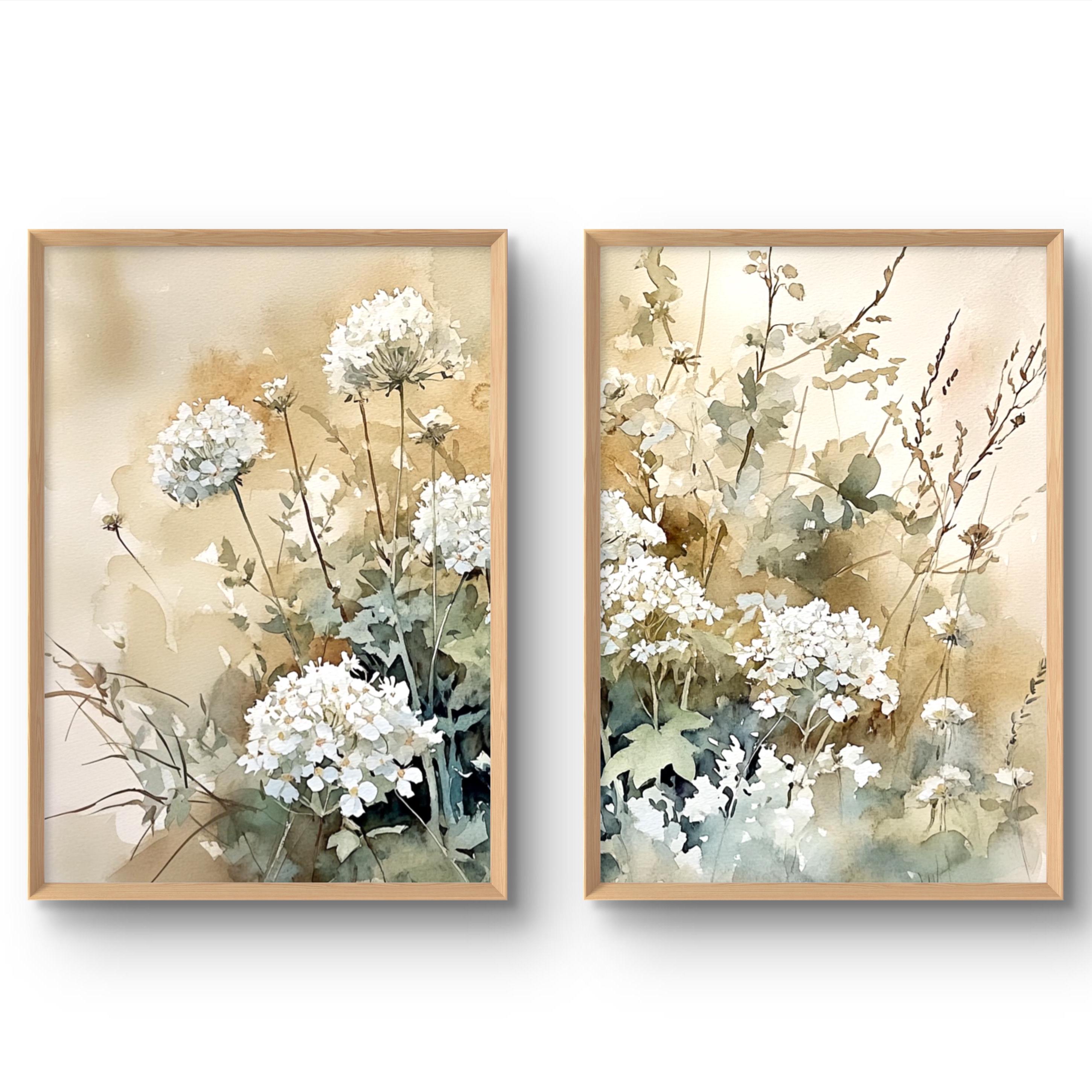 Queen Anne's Lace Print Set of 2 Meadow Watercolor Art Prints Flowers Painting Earth Tone Print Neutral Floral Wall Art Earth Tone Poster
