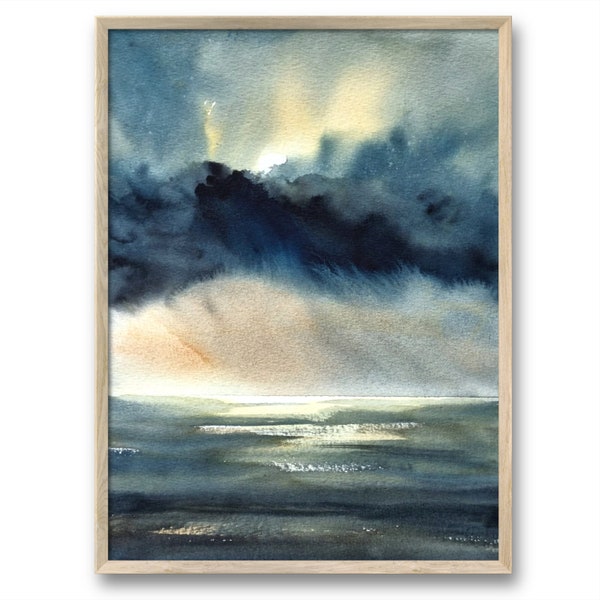 Peinture aquarelle nuage orageux grande impression d'Art paysage marin Art mural tempête mer impression giclée à partir de la peinture originale