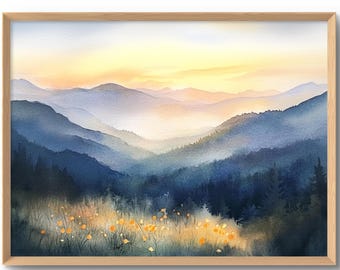 スモーキーマウンテンの絵画、山の谷の水彩画アートプリント、日の出の