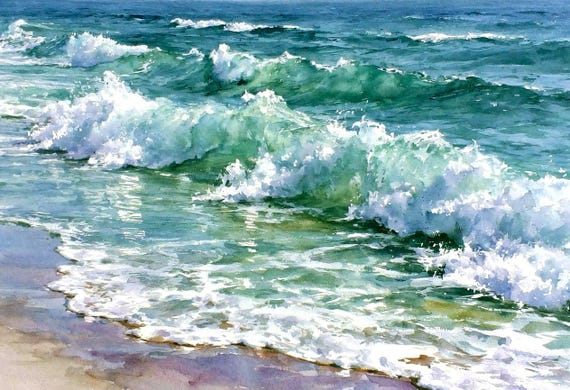 Ocean Waves Art Print, Coastal Wall Art, Beach House Decor, Watercolor Seascape Art