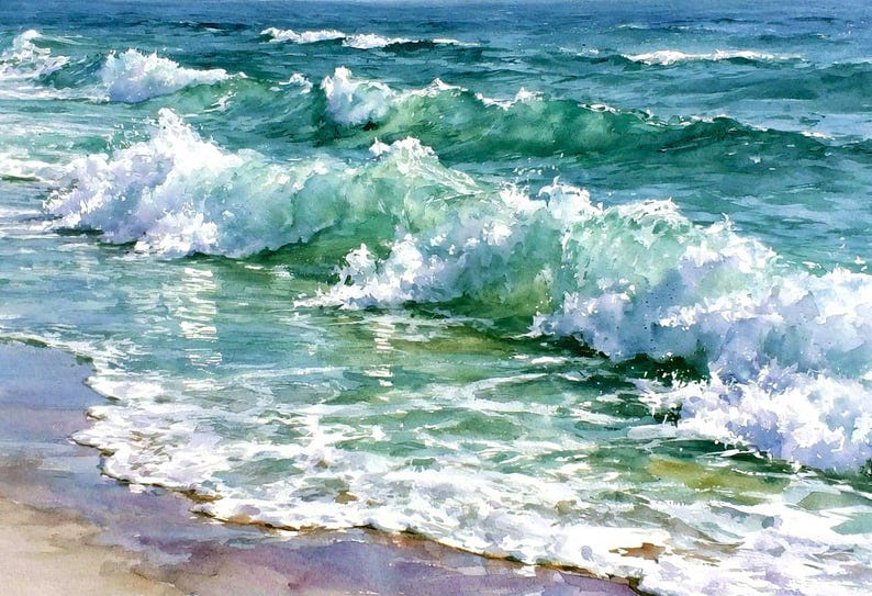 Watercolor painting of ocean waves rolling toward a sandy shore in shades of turquoise, teal, blue, and soft lavender.