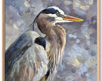 Lámina artística de garza azul, decoración de pared con aves costeras, arte mural náutico con aves, póster de garza azul a partir de una pintura al óleo original.