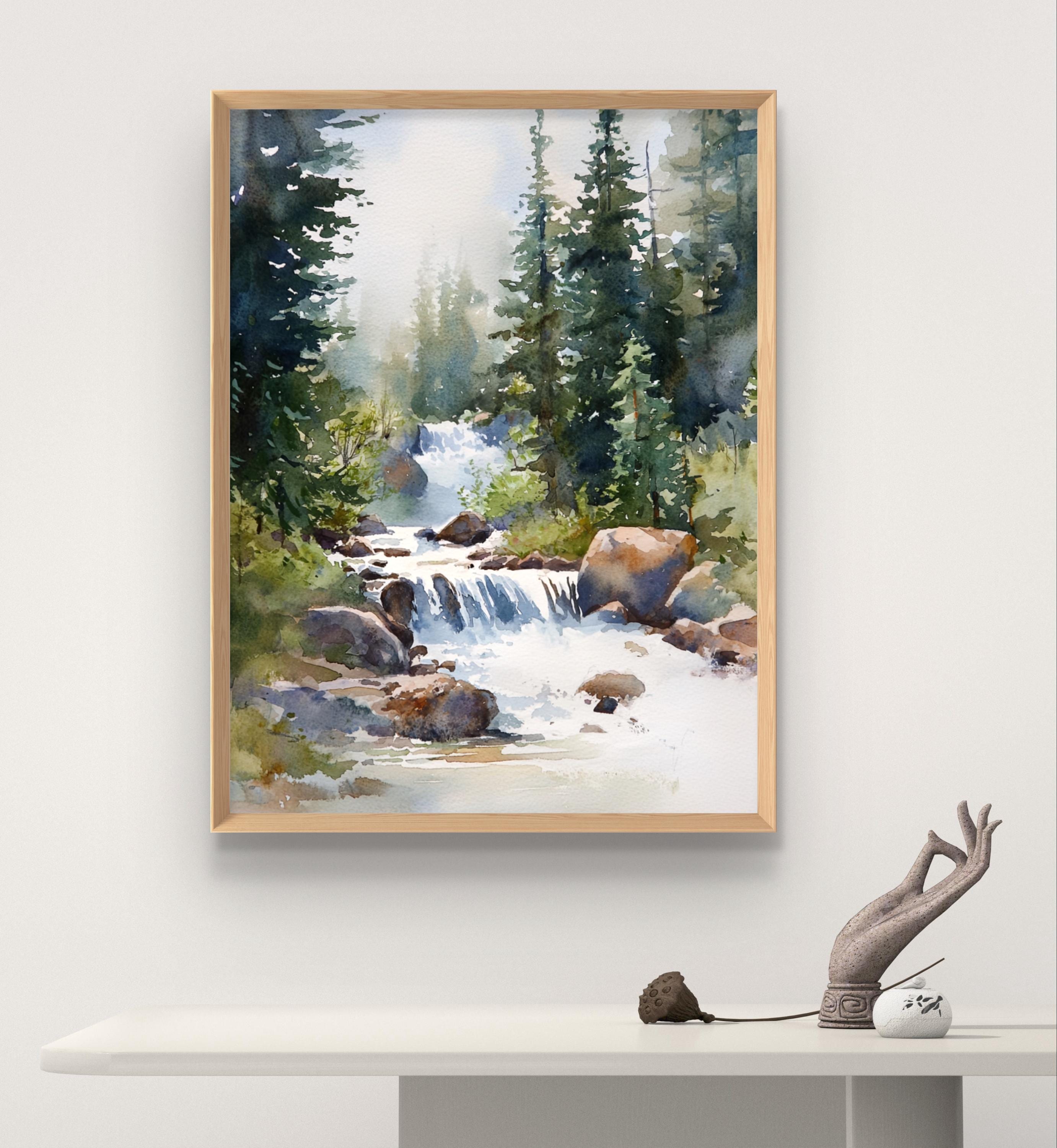 Forest Waterfall Art Print Pine Trees Wall Art Evergreen Forest ...