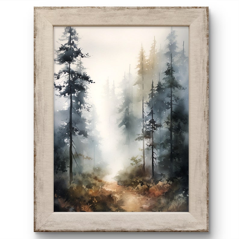 May include: A watercolor painting of a forest path with tall trees on either side. The trees are painted in shades of blue and green, and the path is a light brown color. The background is a soft, hazy blue.