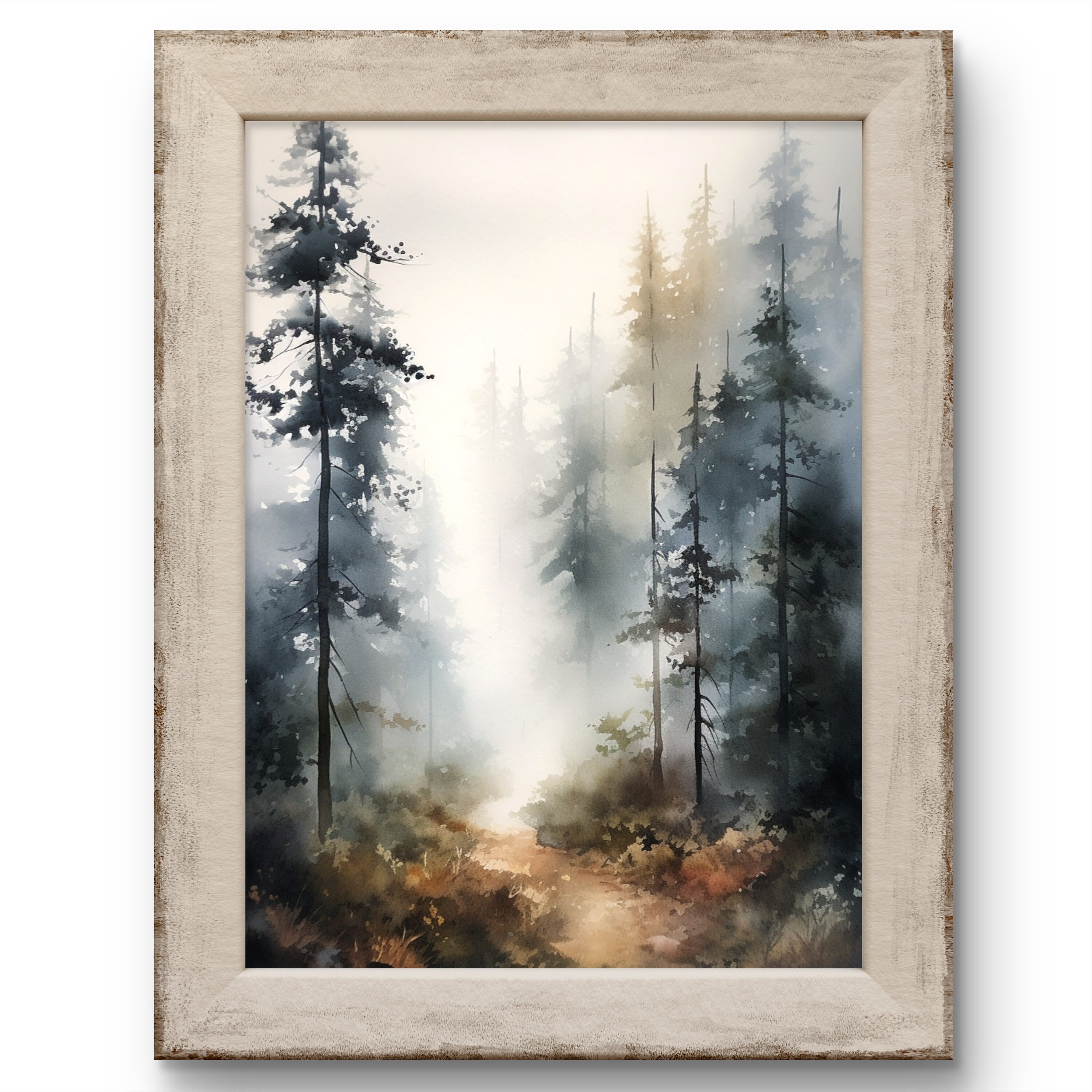 Foggy Trees Print Misty Forest Landscape Watercolor Style Pine Trees ...
