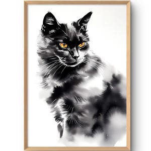 黒猫アートプリント ペット 水彩画スタイル ポスター 動物 ウォールアート 猫の絵画 ブラックウォールデコレーション 猫好きへのギフト 黒と白の大型ポスター