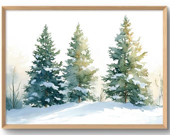 Pine Trees Art Print Evergreen Forest Landscape Watercolor Style Snowy Trees Poster Nordic Christmas Pine Trees Wall Art Scandinavian Decor