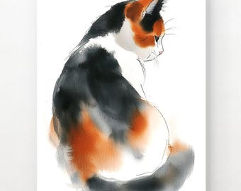猫アート - 三毛猫の水彩画 - ファインアートプリント - 猫の絵 - 三毛