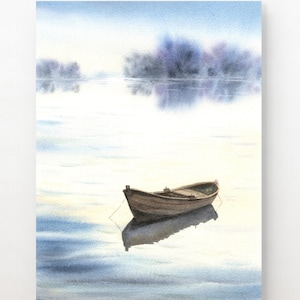 Row Boat Art Print Minimalist Watercolor Painting Lake Wall Art Calm Landscape Tranquil Water Art Wooden Boat Poster from Original  Painting