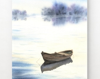 Roeiboot Art Print Lake aquarel schilderij minimalistische muur kunst kalm landschap rustig water kunst houten boot poster van origineel kunstwerk