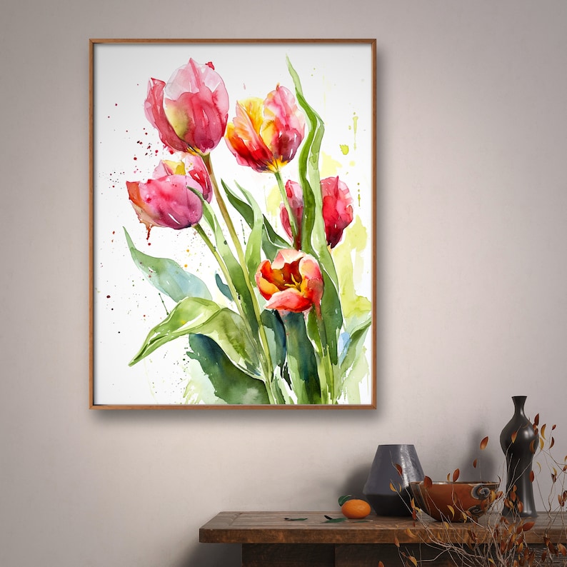 Röda tulpaner konsttryck blommig väggkonst tulpandekor akvarell stil röda blommor stor väggkonst vårblommor poster botanisk väggdekor bild 8
