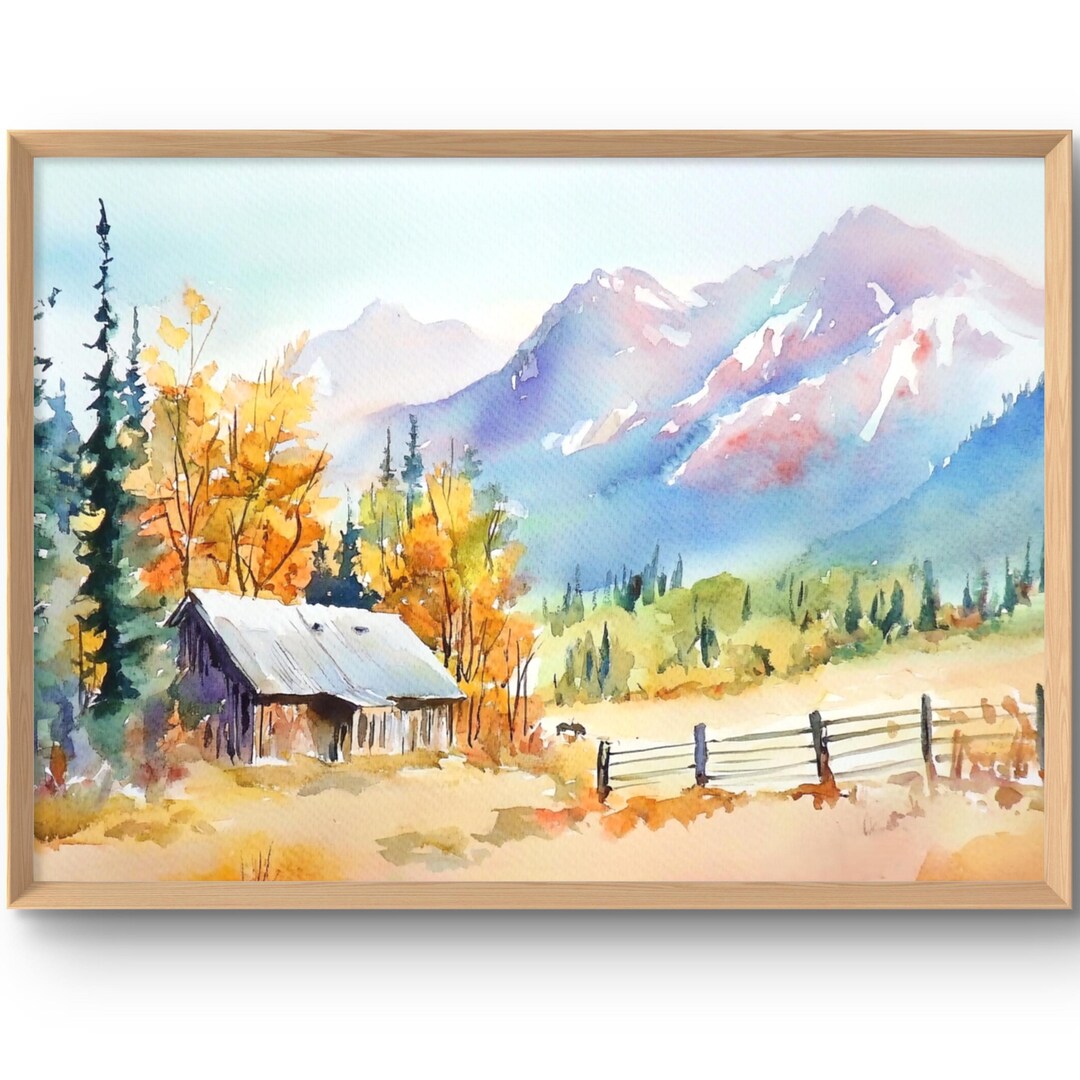Colorado Art Print Mountain Wall Art Fall Forest Barn Watercolor Style ...