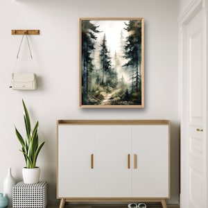 May include: A watercolor painting of a forest path with tall trees and fog. The path leads into the distance, and the trees are painted in shades of green and brown.
