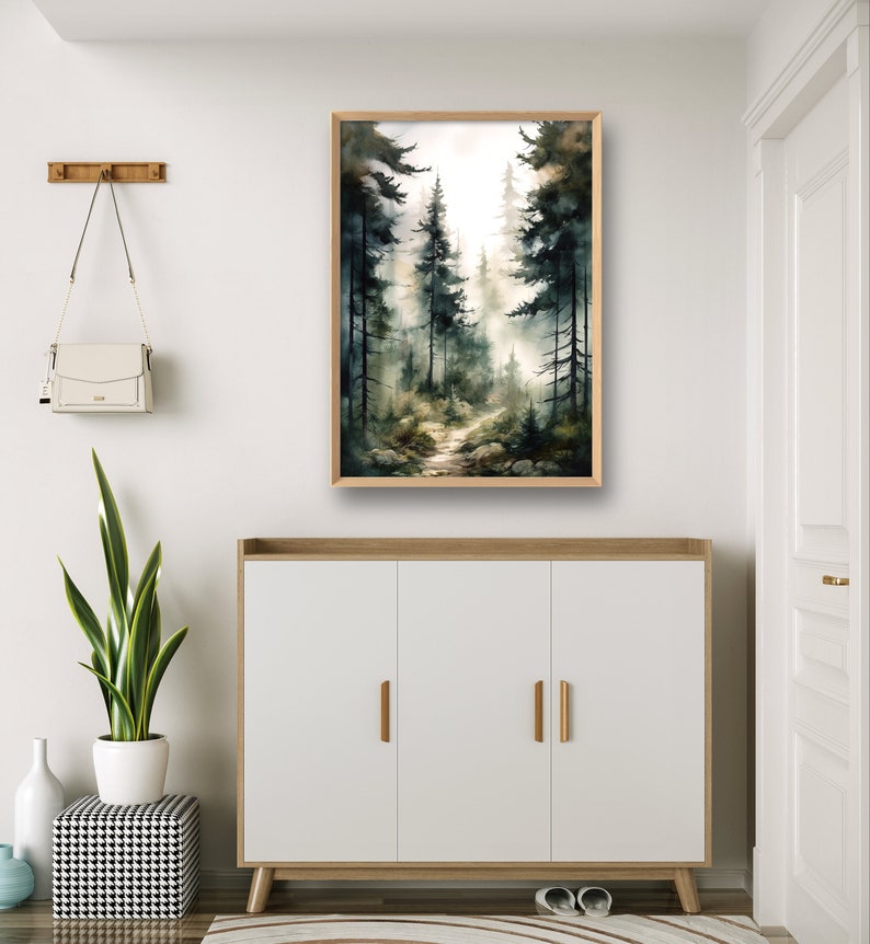 May include: A watercolor painting of a forest path with tall trees and fog. The path leads into the distance, and the trees are painted in shades of green and brown.
