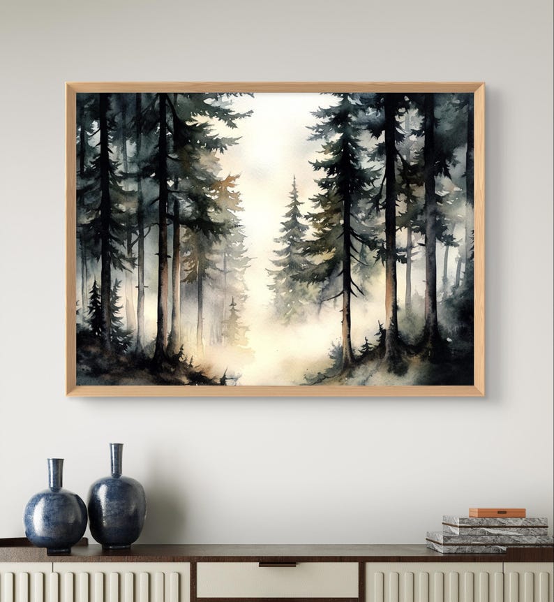 Foggy Pine Trees Art Print Misty Forest Wall Art Watercolor Style ...