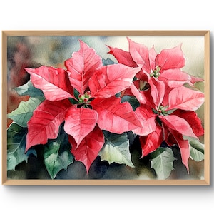 Poinsettia Art Print Christmas Flower Watercolor Style Poster Floral Wall Decor Red Poinsettia Wall Art Botanical Painting Christmas Art