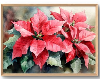 ポインセチアの絵画 クリスマスの花 水彩画 花のアートプリント 赤い