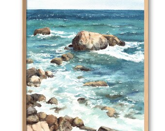 Stampa ad acquerello della costa rocciosa della California, opera d'arte da parete di Big Sur, tratta da un dipinto originale.