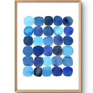 Blauer Aquarell Druck Minimalistische abstrakte Malerei Moderne Kunst Blaue Flecken Kunstdruck Geometrisches Poster von Originalgemälde