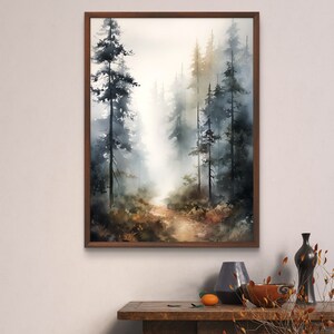 May include: A watercolor painting of a misty forest path with tall, dark green trees on either side. The path leads into the distance, where the mist is thick and the trees are barely visible.