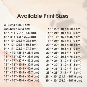 May include: A chart titled Available Print Sizes listing various dimensions in inches and centimetres. The list includes A1, A2, and sizes ranging from 5 by 7 inches to 30 by 40 inches, presented in two columns against a light peach background.