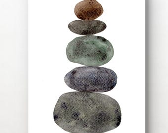 Stacked Stones Watercolor Print Zen Meditation Wall Art Yoga Room Decor from Original Painting