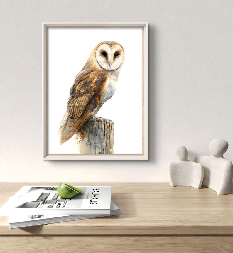 Barn Owl Art Print Rustic Watercolor Style Bird Wall Art Woodland ...