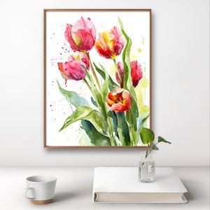 Röda tulpaner konsttryck blommig väggkonst tulpandekor akvarell stil röda blommor stor väggkonst vårblommor poster botanisk väggdekor bild 4