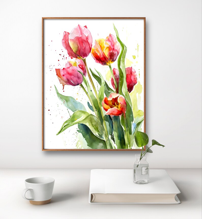 Röda tulpaner konsttryck blommig väggkonst tulpandekor akvarell stil röda blommor stor väggkonst vårblommor poster botanisk väggdekor bild 4