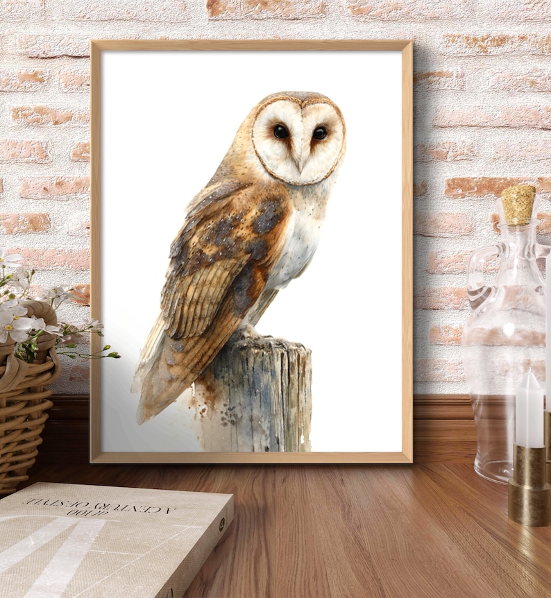 Barn Owl Art Print Rustic Watercolor Style Bird Wall Art Woodland ...